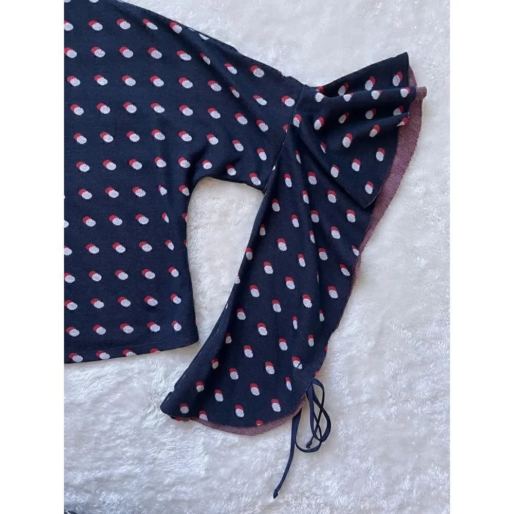 BCBGeneration Blue, Red & White Polka Dot Flutter Sleeves Mock Neck Crop Top